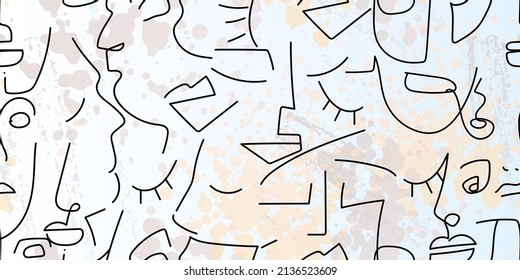 One line drawing. Abstract face seamless pattern. Vector Modern minimal art. Graphics contour background. Continuous line drawing. Linear design woman and man faces. Beauty modern print.