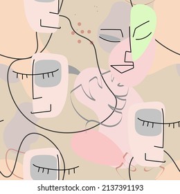 One line drawing. Abstract face seamless pattern. Vector Modern minimal art.  Graphics contour background. Continuous line drawing. Linear design woman and man faces. Beauty modern print. 