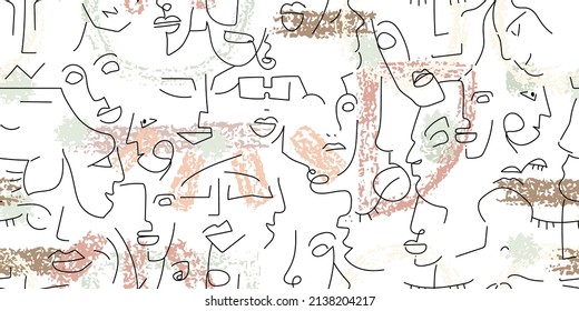 One line drawing. Abstract face seamless pattern. Vector Modern minimal art. Graphics contour background. Continuous line drawing. Linear design woman and man faces. Horizontal Beauty modern print.