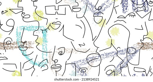 Dibujo de una línea. Resumen de la cara sin fisuras. Vector Arte mínimo moderno. Fondo de contorno gráfico. Dibujo continuo de líneas. Diseño lineal de caras de hombre y mujer. Belleza horizontal impresión moderna.