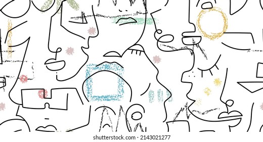 One line drawing. Abstract face seamless pattern. Vector Modern minimal art. Graphics contour background. Continuous line drawing. Linear design woman and man faces. Horizontal Beauty modern print.
