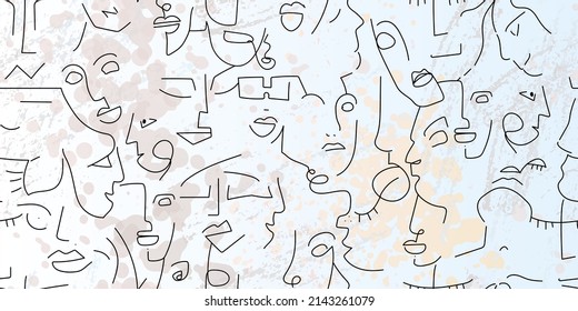 One line drawing. Abstract face seamless pattern. Vector Modern minimal art. Graphics contour background. Continuous line drawing. Linear design woman and man faces. Beauty modern print.