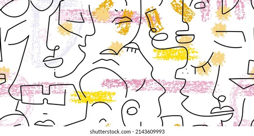 One line drawing. Abstract face seamless pattern. Vector Modern minimal art. Graphics contour background. Continuous line drawing. Linear design woman and man faces. Horizontal Beauty modern print.