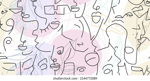 One line drawing. Abstract face seamless pattern. Vector Modern minimal art. Graphics contour background. Continuous line drawing. Linear design woman and man faces. Beauty modern print.