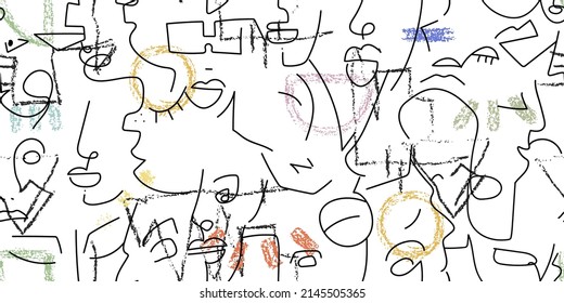 One line drawing. Abstract face seamless pattern. Vector Modern minimal art. Graphics contour background. Continuous line drawing. Linear design woman and man faces. Horizontal Beauty modern print.