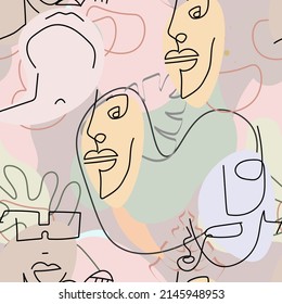 Eine Zeichnung. Abstraktes Gesicht nahtloses Muster. Vektorgrafik Moderne minimale Kunst. Konturhintergrund für Grafiken. Durchgehende Zeilenzeichnung. Lineares Design, Frau und Mann Gesichter. Schönes, modernes Drucken. 