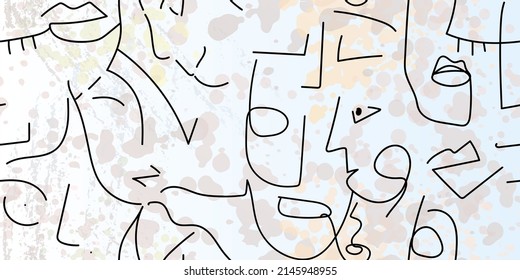 Dibujo de una línea. Resumen de la cara sin fisuras. Vector Arte mínimo moderno. Fondo de contorno gráfico. Dibujo continuo de líneas. Diseño lineal de caras de hombre y mujer. La belleza de la impresión moderna.