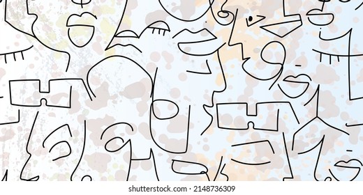 One line drawing. Abstract face seamless pattern. Vector Modern minimal art. Graphics contour background. Continuous line drawing. Linear design woman and man faces. Beauty modern print.