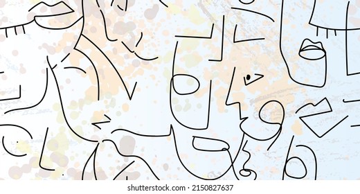 One line drawing. Abstract face seamless pattern. Vector Modern minimal art. Graphics contour background. Continuous line drawing. Linear design woman and man faces. Beauty modern print.