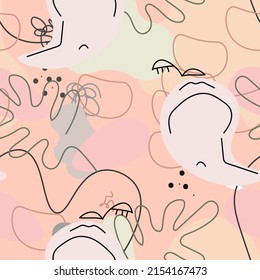 Dibujo de una línea. Resumen de la cara sin fisuras. Vector Arte mínimo moderno. Fondo de contorno gráfico. Dibujo continuo de líneas. Diseño lineal de caras de hombre y mujer. La belleza de la impresión moderna. 