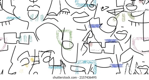 One line drawing. Abstract face seamless pattern. Vector Modern minimal art. Graphics contour background. Continuous line drawing. Linear design woman and man faces. Horizontal Beauty modern print.