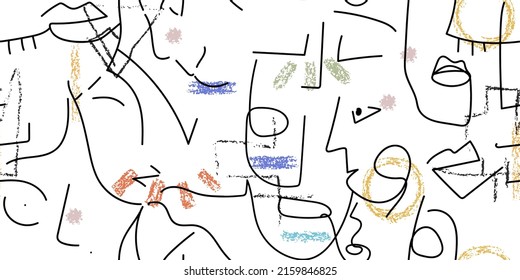 Dibujo de una línea. Resumen de la cara sin fisuras. Vector Arte mínimo moderno. Fondo de contorno gráfico. Dibujo continuo de líneas. Diseño lineal de caras de hombre y mujer. Belleza horizontal impresión moderna.