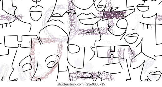 One line drawing. Abstract face seamless pattern. Vector Modern minimal art. Graphics contour background. Continuous line drawing. Linear design woman and man faces. Horizontal Beauty modern print.