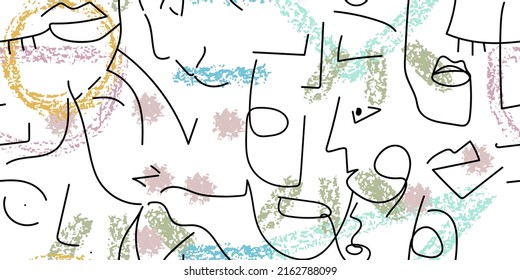 One line drawing. Abstract face seamless pattern. Vector Modern minimal art. Graphics contour background. Continuous line drawing. Linear design woman and man faces. Horizontal Beauty modern print.