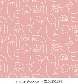 One line drawing abstract face seamless pattern. Continuous line background, minimalism art, woman and man faces. Modern fashionable print. Cubism artwork trendy minimalism style. Single linear people