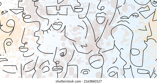 One line drawing. Abstract face seamless pattern. Vector Modern minimal art. Graphics contour background. Continuous line drawing. Linear design woman and man faces. Beauty modern print.