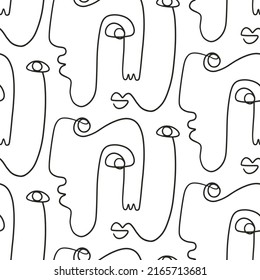 One Line Drawing Abstract Face Seamless Pattern. Continuous Line Background, Minimalism Art, Woman And Man Faces. Modern Fashionable Print. Cubism Artwork Trendy Minimalism Style People. Black White