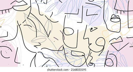 Eine Zeichnung. Abstraktes Gesicht nahtloses Muster. Vektorgrafik Moderne minimale Kunst. Konturhintergrund für Grafiken. Durchgehende Zeilenzeichnung. Lineares Design, Frau und Mann Gesichter. Schönes, modernes Drucken.