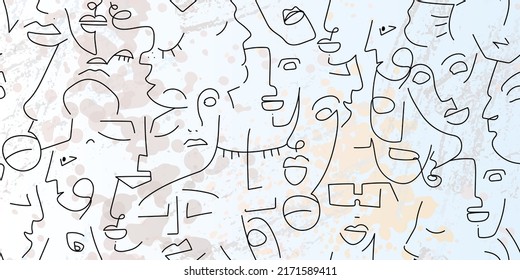 One line drawing. Abstract face seamless pattern. Vector Modern minimal art. Graphics contour background. Continuous line drawing. Linear design woman and man faces. Beauty modern print.