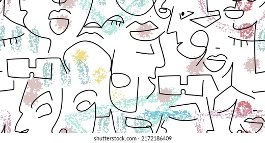One line drawing. Abstract face seamless pattern. Vector Modern minimal art. Graphics contour background. Continuous line drawing. Linear design woman and man faces. Horizontal Beauty modern print.