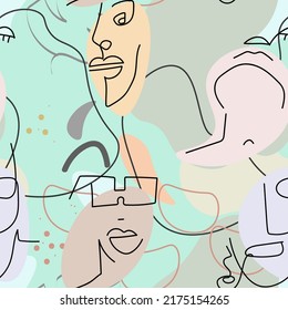 One line drawing. Abstract face seamless pattern. Vector Modern minimal art.  Graphics contour background. Continuous line drawing. Linear design woman and man faces. Beauty modern print. 