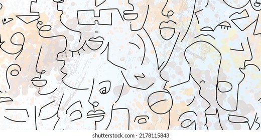 One line drawing. Abstract face seamless pattern. Vector Modern minimal art. Graphics contour background. Continuous line drawing. Linear design woman and man faces. Beauty modern print.