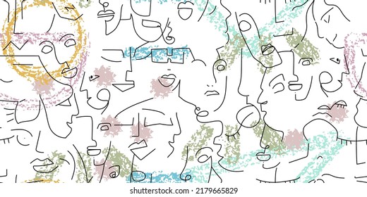 One line drawing. Abstract face seamless pattern. Vector Modern minimal art. Graphics contour background. Continuous line drawing. Linear design woman and man faces. Horizontal Beauty modern print.