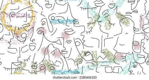 One line drawing. Abstract face seamless pattern. Vector Modern minimal art. Graphics contour background. Continuous line drawing. Linear design woman and man faces. Horizontal Beauty modern print.