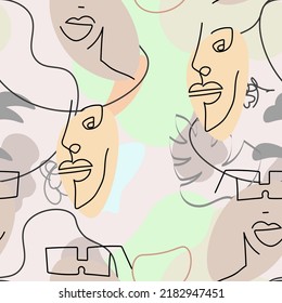 One line drawing. Abstract face seamless pattern. Vector Modern minimal art.  Graphics contour background. Continuous line drawing. Linear design woman and man faces. Beauty modern print. 