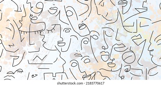 One line drawing. Abstract face seamless pattern. Vector Modern minimal art. Graphics contour background. Continuous line drawing. Linear design woman and man faces. Beauty modern print.