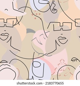 One line drawing. Abstract face seamless pattern. Vector Modern minimal art.  Graphics contour background. Continuous line drawing. Linear design woman and man faces. Beauty modern print. 