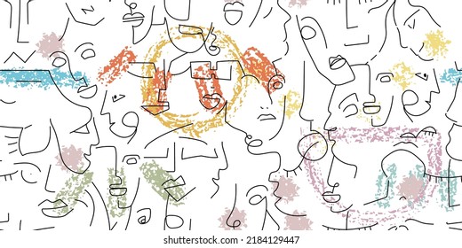 One line drawing. Abstract face seamless pattern. Vector Modern minimal art. Graphics contour background. Continuous line drawing. Linear design woman and man faces. Horizontal Beauty modern print.