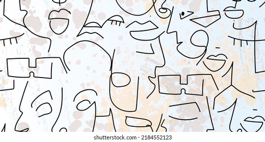 One line drawing. Abstract face seamless pattern. Vector Modern minimal art. Graphics contour background. Continuous line drawing. Linear design woman and man faces. Beauty modern print.