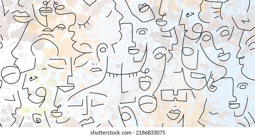 One line drawing. Abstract face seamless pattern. Vector Modern minimal art. Graphics contour background. Continuous line drawing. Linear design woman and man faces. Beauty modern print.