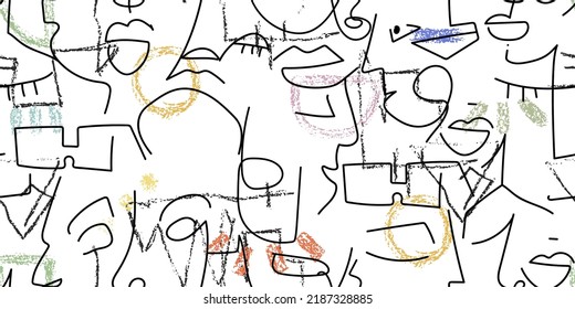 One line drawing. Abstract face seamless pattern. Vector Modern minimal art. Graphics contour background. Continuous line drawing. Linear design woman and man faces. Horizontal Beauty modern print.