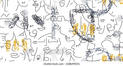 Eine Zeichnung. Abstraktes Gesicht nahtloses Muster. Vektorgrafik Moderne minimale Kunst. Konturhintergrund für Grafiken. Durchgehende Zeilenzeichnung. Lineares Design, Frau und Mann Gesichter. Horizontal Beauty modern bedruckt.