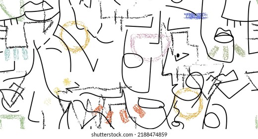 One line drawing. Abstract face seamless pattern. Vector Modern minimal art. Graphics contour background. Continuous line drawing. Linear design woman and man faces. Horizontal Beauty modern print.