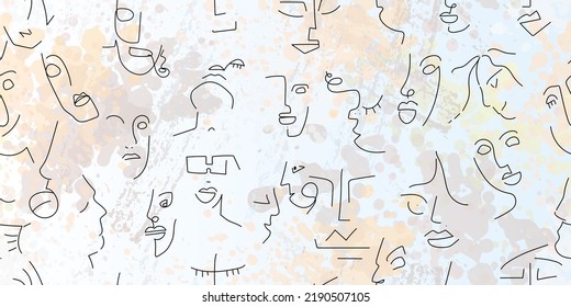 One line drawing. Abstract face seamless pattern. Vector Modern minimal art. Graphics contour background. Continuous line drawing. Linear design woman and man faces. Beauty modern print.