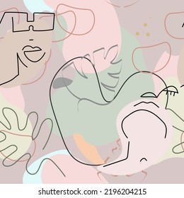 One line drawing. Abstract face seamless pattern. Vector Modern minimal art.  Graphics contour background. Continuous line drawing. Linear design woman and man faces. Beauty modern print. 