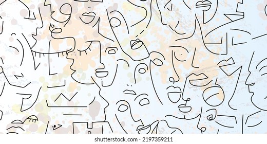 One line drawing. Abstract face seamless pattern. Vector Modern minimal art. Graphics contour background. Continuous line drawing. Linear design woman and man faces. Beauty modern print.