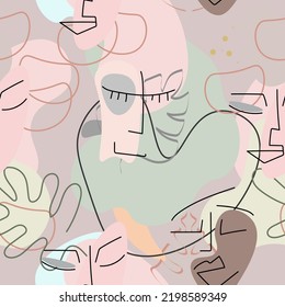 Dibujo de una línea. Resumen de la cara sin fisuras. Vector Arte mínimo moderno. Fondo de contorno gráfico. Dibujo continuo de líneas. Diseño lineal de caras de hombre y mujer. La belleza de la impresión moderna. 