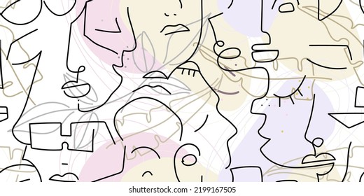 One line drawing. Abstract face seamless pattern. Vector Modern minimal art. Graphics contour background. Continuous line drawing. Linear design woman and man faces. Beauty modern print.