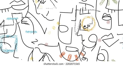 Dibujo de una línea. Resumen de la cara sin fisuras. Vector Arte mínimo moderno. Fondo de contorno gráfico. Dibujo continuo de líneas. Diseño lineal de caras de hombre y mujer. Belleza horizontal impresión moderna.