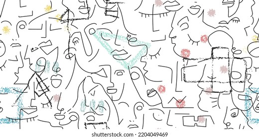 One line drawing. Abstract face seamless pattern. Vector Modern minimal art. Graphics contour background. Continuous line drawing. Linear design woman and man faces. Horizontal Beauty modern print.