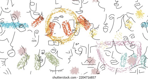 One line drawing. Abstract face seamless pattern. Vector Modern minimal art. Graphics contour background. Continuous line drawing. Linear design woman and man faces. Horizontal Beauty modern print.