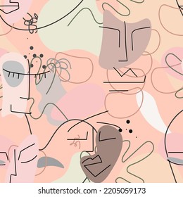 One line drawing. Abstract face seamless pattern. Vector Modern minimal art.  Graphics contour background. Continuous line drawing. Linear design woman and man faces. Beauty modern print. 