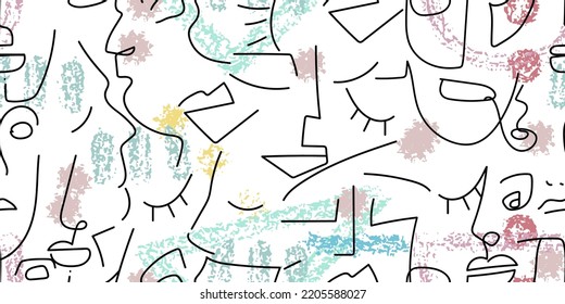 One line drawing. Abstract face seamless pattern. Vector Modern minimal art. Graphics contour background. Continuous line drawing. Linear design woman and man faces. Horizontal Beauty modern print.