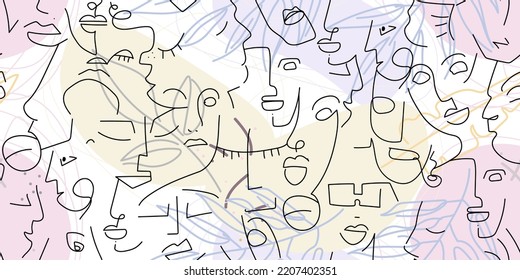 One line drawing. Abstract face seamless pattern. Vector Modern minimal art. Graphics contour background. Continuous line drawing. Linear design woman and man faces. Beauty modern print.