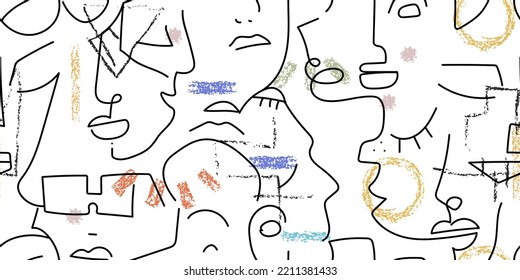 One line drawing. Abstract face seamless pattern. Vector Modern minimal art. Graphics contour background. Continuous line drawing. Linear design woman and man faces. Horizontal Beauty modern print.