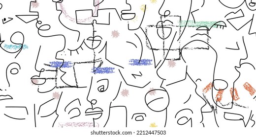 One line drawing. Abstract face seamless pattern. Vector Modern minimal art. Graphics contour background. Continuous line drawing. Linear design woman and man faces. Horizontal Beauty modern print.